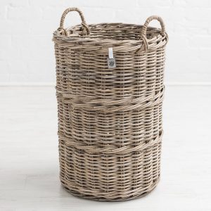 Sturdy Woven Wicker Rustic Natural Grey Brown Round Laundry Bin Basket