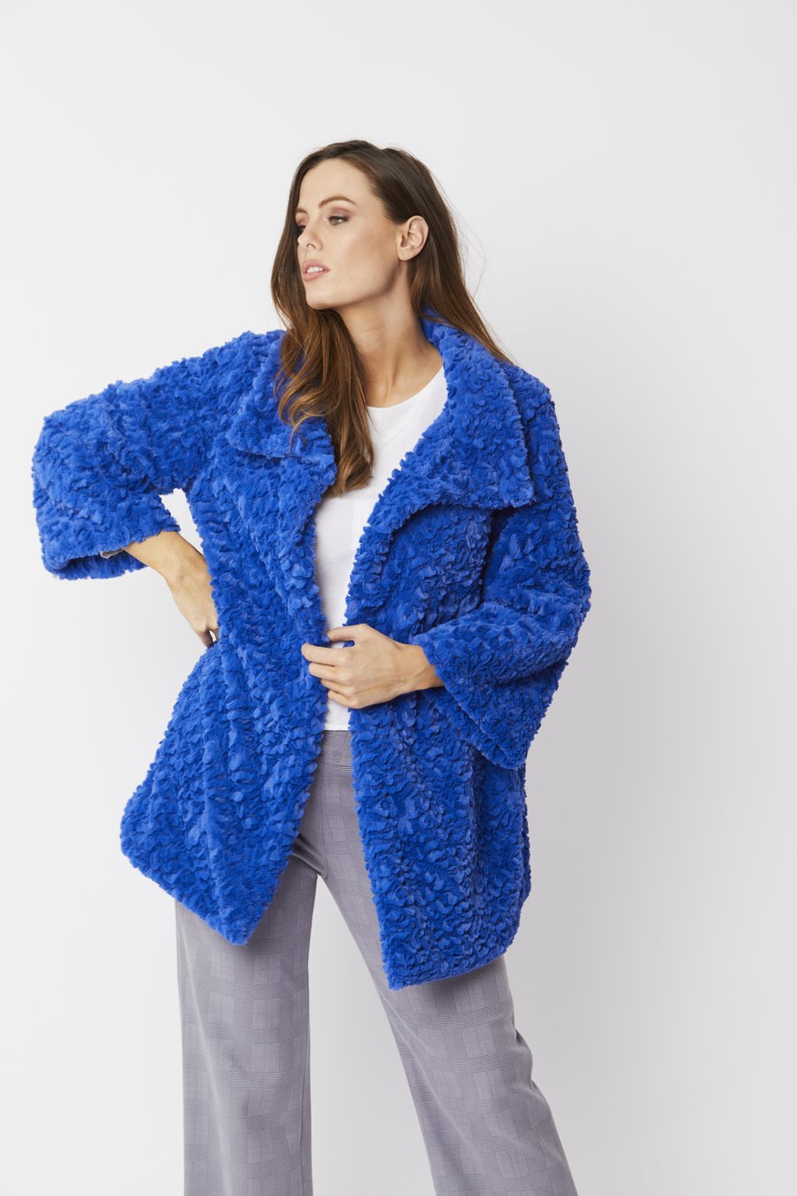 electric blue faux fur coat