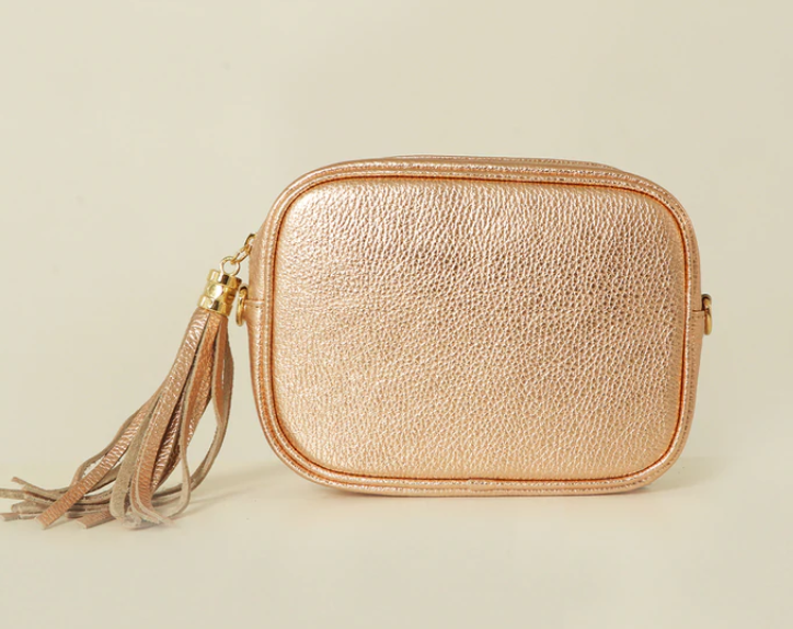 Leather Cross Over Body Bag with Tassel Rose Gold Fizzy Fox Ripley