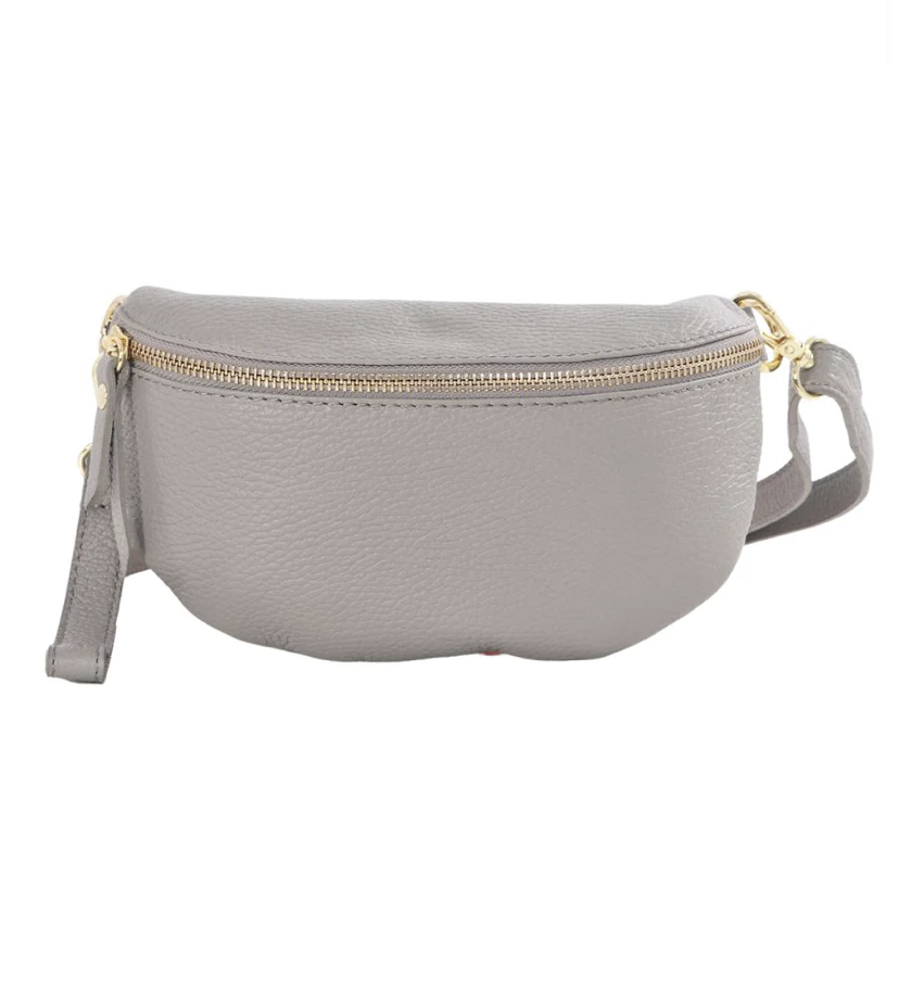 Leather Cross Body Half Moon Bag in Light Grey | Fizzy Fox Ripley