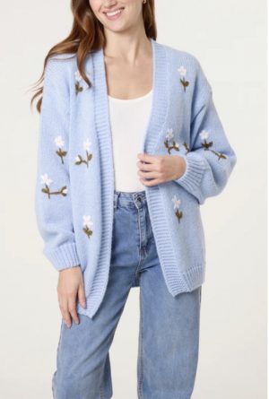Floral Embroidery Knit Cardigan Powder Blue Medium/Large | Fizzy